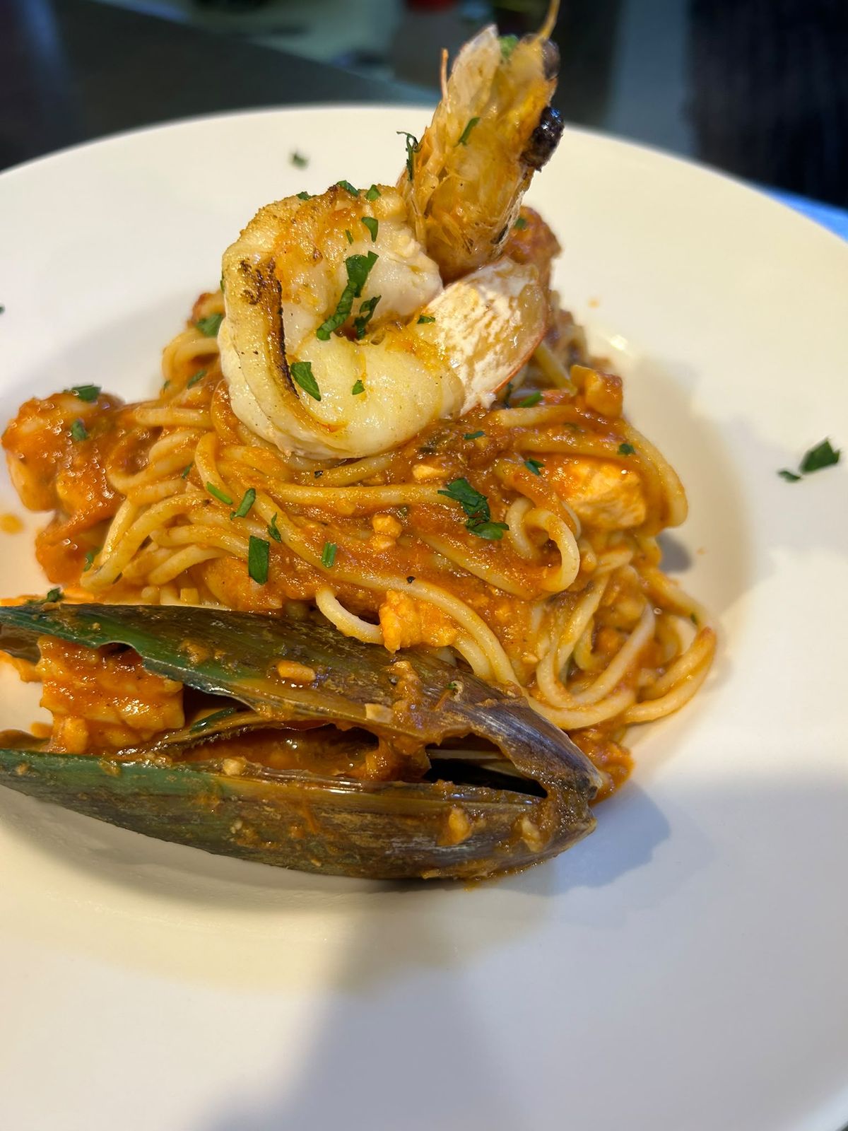 Seafood spaghetti marinara at La Mensa, Salamanca Place, Hobart